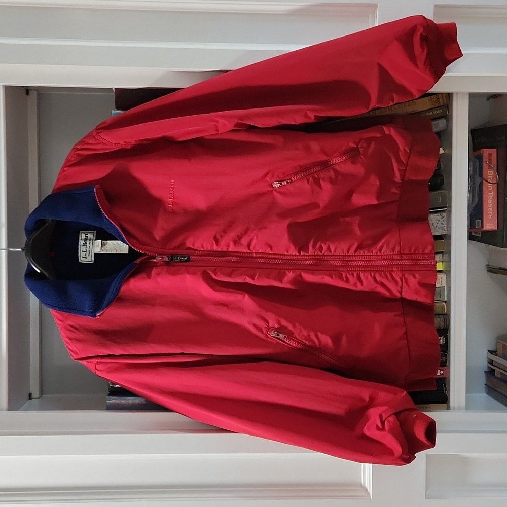 Men's L L Bean Warm-Up Jacket, Red with Blue Lining, Large